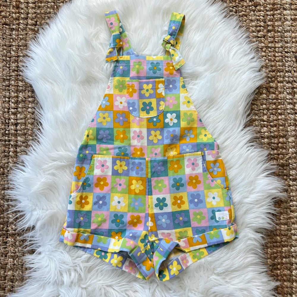 GHANDA clothing linen blend floral overalls girls size 7/8. New!!